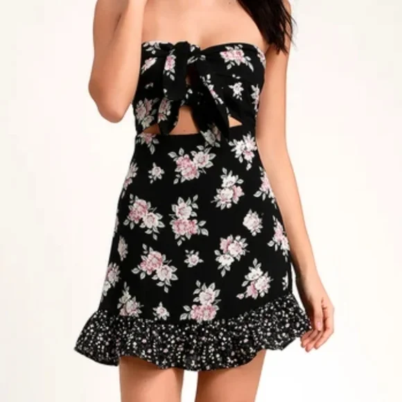 Lulus Dress Black Floral Print Strapless Tie-Front Mini Dark Floral Dress NWT - Picture 1 of 10